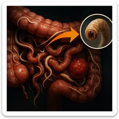 Hyperrealistic 4K close-up of human intestine showing numerous visible parasites including worms and larvae. Enlarged detailed view of a parasite. Clinical atmosphere with tumor risks and an arrow connecting the intestine and brain. sticker