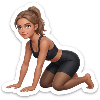 squat to reach, fair-skinned woman, light gray-blue eyes, ash brown brows, ash light brown hair tied back, slim athletic body, black workout set sticker