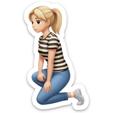 female figure in casual outfit with striped top kneeling on ground, back view sticker