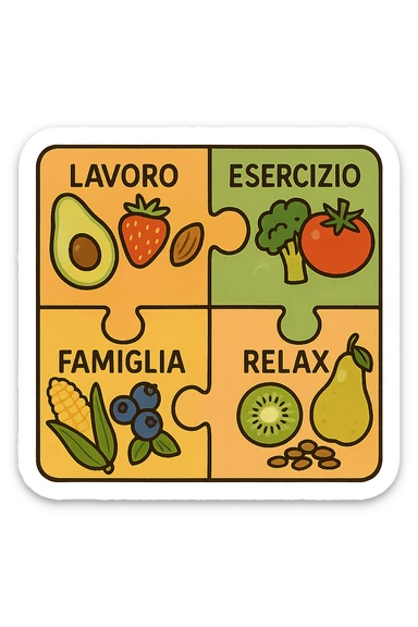 Puzzle (Lavoro, Esercizio, Famiglia, Relax), and healthy foods are integrated into each piece. in italiano sticker