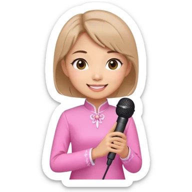 The female teacher in the pink ao dai, cute, with shoulder-length short hair, holding a microphone, is smiling. sticker