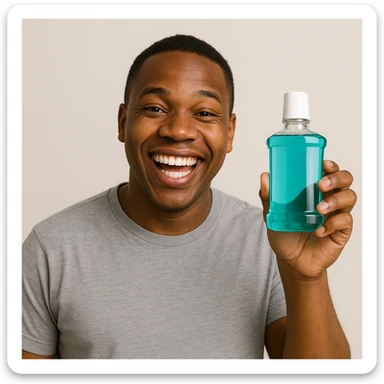 A cheerful Black man with short hair, holding up mouthwash and grinning, minimal background. sticker