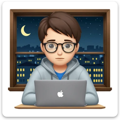 tired student with laptop, window at night behind, slouched over laptop sticker