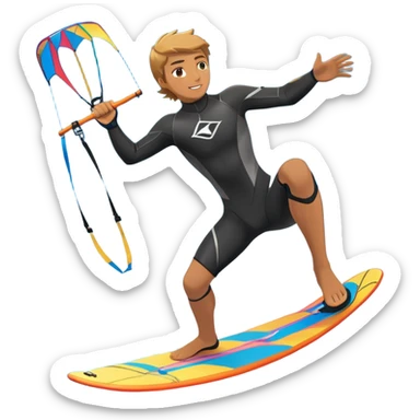 An athlete in a wetsuit riding a kiteboard, soaring over the sea waves with the kite high in the sky. The background features a vibrant blue sky and crashing ocean waves, capturing the thrill and freedom of kitesurfing in dynamic motion. sticker