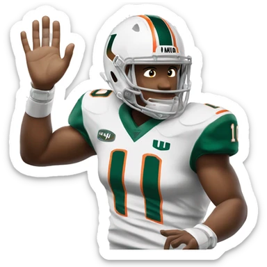 White Miami Hurricanes Football player with Green jersey wearing number 10 holding up the “U” hand signal sticker