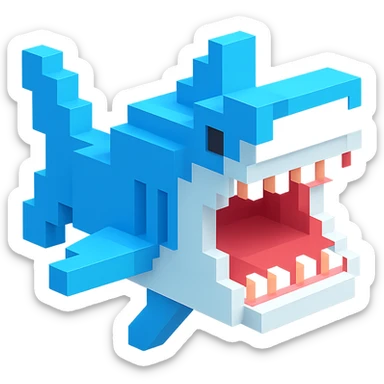 voxel style shark, open mouth, blocky, blue and silver, no background sticker