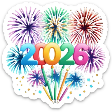 "Happy New Year 2026" in backdrop of colourful fireworks in outline  sticker