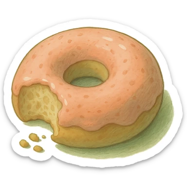 Bitten donut in Ghibli style, detailed, soft green colors, with no background sticker