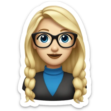 Thin White skinned blonde haired with hair pulled back blue eyed woman with black glasses black stud earrings  sticker