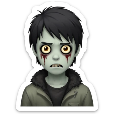 boy zombie with black medium-long emo shaggy hair, dark and spooky, creepy expression sticker
