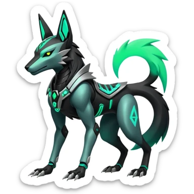 Black and green cyberpunk intricate neon glowing grey white futuristic cyborg-Anubis-Zeraora-Zoroark-fusion (full body) sticker