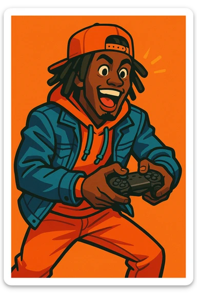 Kai Cenat, excited expression, holding a gaming controller, urban fashion, dynamic pose, vibrant toon style sticker