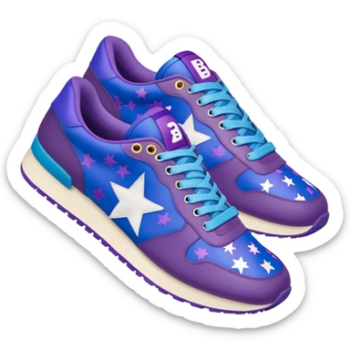 Bape sneaker with star pattern, blue and purple colorway, low top athletic shoe with ape head logo sticker
