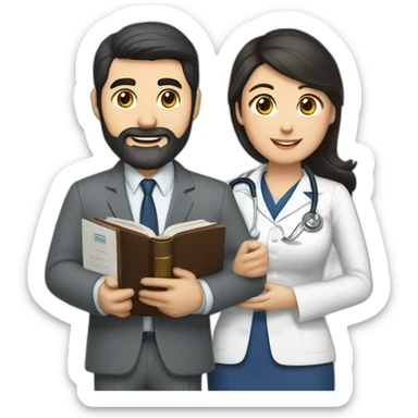 husband classic executive 55 dark hair trimmed beard wearing business suit holding bible, with wife asian age 55 dark hair wearing nurse uniform sticker