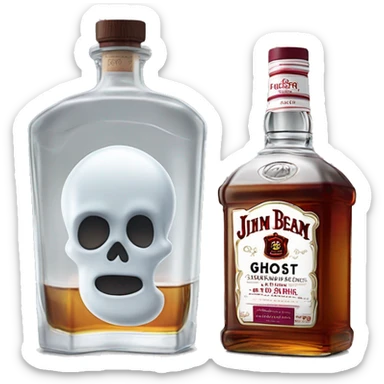 Realistic bottle of clear whiskey Jim Beam's Jacob's Ghost white label and lid with clear glass of clear whiskey with Cranberries and ice in glass. sticker