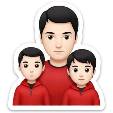 make a father and a son. both with straight black hair. both have white skin. they have to be wearing black and red clothes. there are only two people. sticker