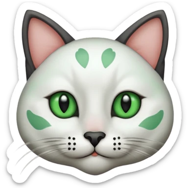 Haz una gata de ojos verdes la cara blanca con mancha negra en las orejas que agarra parte de la frente del lado der pero del iz va desde el ojo hasta la oreja la mancha, tiene la nariz negra en forma de corazón y todo lo que sobra de la cara, barbilla la nariz arriba y el lado de bigotes es blanca sticker