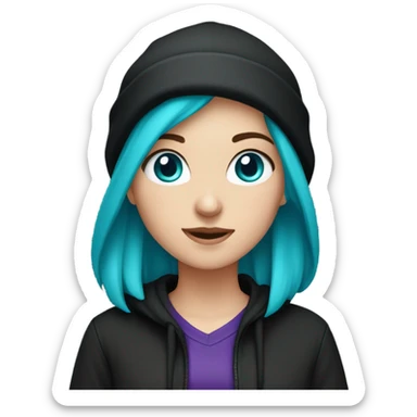 White girl, black hoodie, teal purple hair, black beanie hat, blue eyes sticker