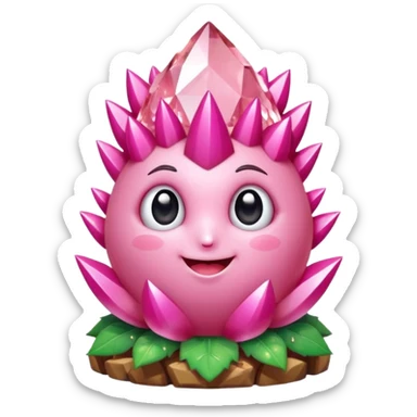 A single cute pink crystal cluster character, chunky round base with many tall rose-pink crystal spikes growing upward like a quartz cluster, faceted and slightly imperfect, on the front of the base a kawaii face with big shiny eyes and a happy open smile sticker