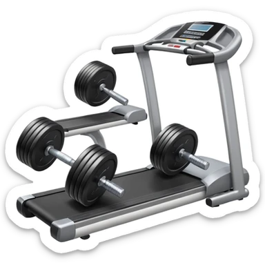Two heavy dumbbells side by side on the floor in front of a treadmill sticker