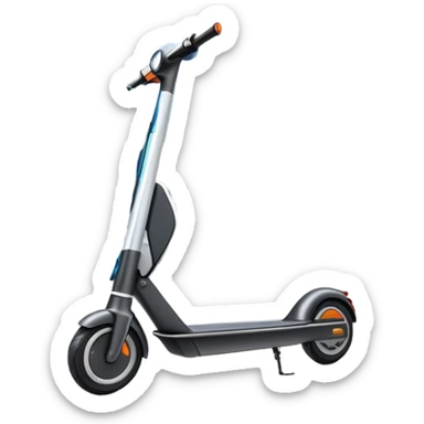 An icon featuring a sleek electric scooter with a modern design, parked on a smooth city sidewalk. The background shows a bustling urban landscape with clear skies, tall buildings, and pedestrians walking by. The scooter is highlighted as a symbol of eco-friendly transportation and modern mobility.  sticker