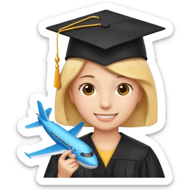 emoji student at university with graduation cap and airplane, happy, white background, sticker