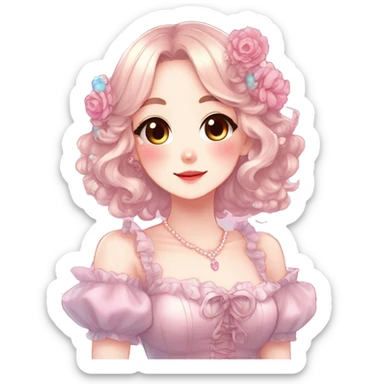 Gorgeous anime style lady with blushing face and accessories cottagecore fairycore Kawaii anime colorful pearly romantic aesthetic trending style sticker