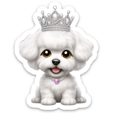 A happy, cute and fluffy Bichon Frise puppy wearing a princess tiara  sticker