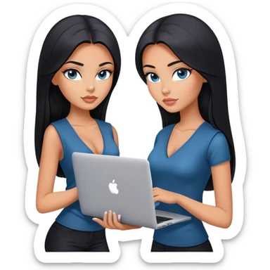 Glamours tanned very beautiful girl with pump peach nude lips and black straight smooth long hair, blue-grey eyes in beautiful v-neck black vest from the suit (short sleeves) no blazer and no anything under the vest, only vest with MacBook sticker