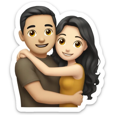 A cute and very happy Asian couple hugging each other very tight. The girl has long dark wavy hair and pale skin and dark hazel eyes, the Man has short dark straight hair and bright amber eyes and is pale sticker