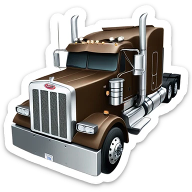Peterbilt 389 brown with flat top and slash cut exhaust stacks and dual rear tires and flat bumper sticker