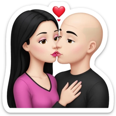 👩🏻‍❤️‍💋‍👨🏻 this one but the man should be bald. white woman with long black hair and white bald young man whoitiut hair and a heart between their heads. she has pink lips and both have brown eyes. sticker