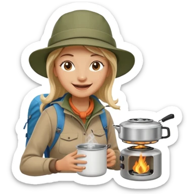 A woman camper boiling water on a portable stove, enjoying the outdoor sticker