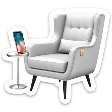angled smartphone in foreground with clear display of an armchair product page on the screen, with sparkle on the left side sticker