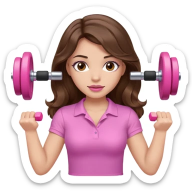 girl with wavy long brown hair, brown eyes, light to medium complexion, long lashes, light pink lipstick, wearing light pink shirt, lifting a pink dumbells sticker
