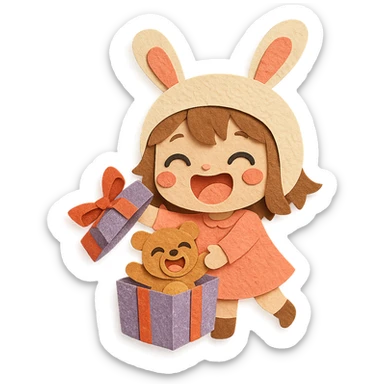 full-body laughing chibi girl in bunny hat opening glittery gift box with laughing teddy bear inside, paper-craft style sticker