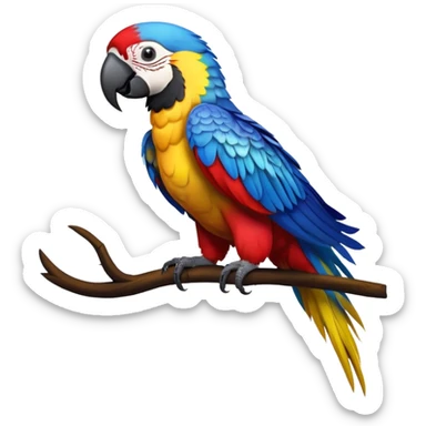 cinematic-macaw-realistic-full-body-standing-emoji,-vibrant-feathers-glowing-with-rich-reds,-blues,-and-yellows,-head-tilted-dramatically,-curved-black-beak-gleaming,-piercing-dark-eyes-exuding-confidence,-simplified-yet-realistic-focused sticker