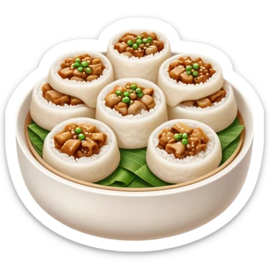 Cinematic Realistic B√°nh cu·ªën Dish Emoji, featuring steamed rice rolls filled with savory minced pork and mushrooms rendered with soft textures and inviting, warm lighting. sticker