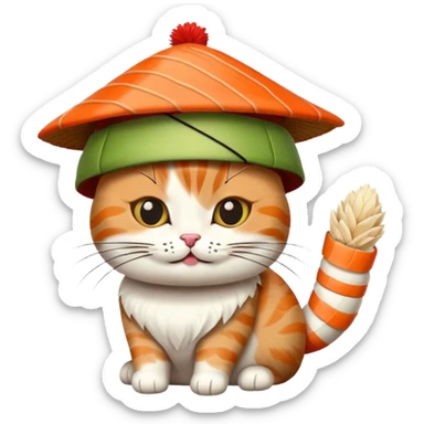 cat wearing a hat made out of sushi sticker