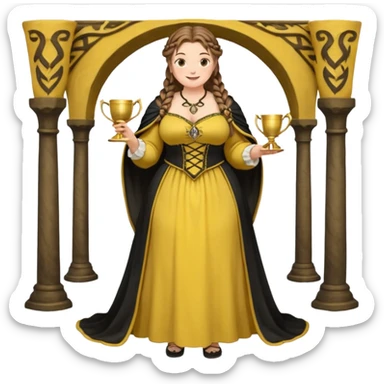 Helga Hufflepuff,brown-haired,2 braids,yellow-black medieval open dress,deep neckline,fat macromastia,black cloak decorated with gold braiding,gold cup with two handles,very kind smile,curvy busty sweet woman,round rosy cheeks,full length with medieval shoes sticker