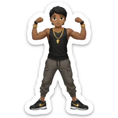 full side body close up view of muscular 13yo boy with veiny hands arms and biceps. has messy black hair with dark-tan skintone with black tshirt. has gold chain and nike shoes with baggy pants sticker