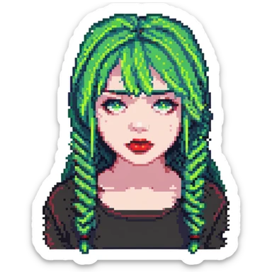 girl with green hair like Billie Eilish and red lipstick, pixel art style sticker
