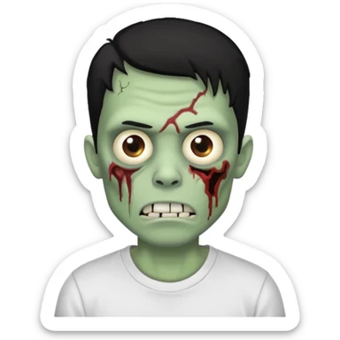 Rosto de frente classico de zombie boca meio torta cabelos medios pretos low fade com pele verde clara camiseta branca sticker