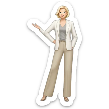 Full height Actively gesturing with hands pale skin woman with ash blonde Straightened bob Hair, White Spacious classical jacket, beige palazzo Arrow pants and gray blouse sticker