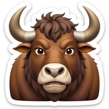 Cinematic Noble Domestic Ox Portrait Emoji, Poised and stalwart, with a massive, muscular build and a thick, smooth hide in deep earthy tones, prominent, curved horns, and steady, soulful eyes, Simplified yet sharp and sophisticated features, highly detailed, glowing with a warm, dignified glow, high shine, intelligent and dependable, stylized with an air of timeless strength, focused and attentive, soft glowing outline, capturing the essence of a watchful and confident ox that feels as though it could plod out of the screen with effortless authority! sticker