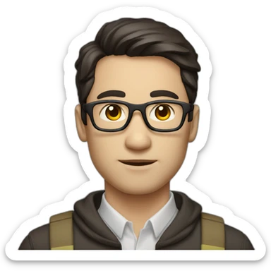 male engineer with white skin, dark brown straight hair spreaded from middle, brown eyes, circular glasses sticker