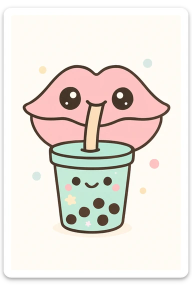 kawaii style pink lips sipping bubble tea, looking silly sticker
