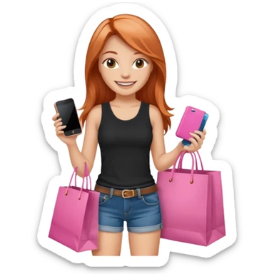 Mujer joven blanca de contextura media sonriendo con cabello largo cobrizo vestida con top negro y short de jean con bolsas de compras rosas y un celular sticker