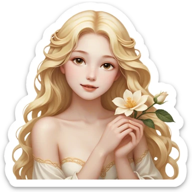 Cinematic Realistic Rapunzel Portrait, with porcelain-like skin featuring a subtle, natural glow, illuminated by soft lighting that brings out the gentle contours of her face. Her long, golden blonde hair cascades in detailed waves, each strand highlighted with a radiant shimmer as it catches the light. She playfully holds a flower in one hand, her other hand resting casually in her lap, with a warm and spirited expression. Her bright, expressive green eyes exude curiosity and warmth, framed by delicate lashes and soft, arched brows. She is dressed in her classic lavender and pink gown, the fabric textured with delicate folds that flow naturally, catching the light with a soft, radiant glow. The portrait captures a luminous, enchanting aura, seamlessly blending realism with a whimsical, fairytale charm, evoking a timeless sense of beauty and magic. sticker