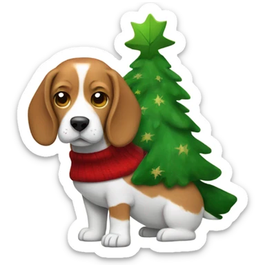 Beagle wearing a red Christmas sweater with a green tree in the front  sticker
